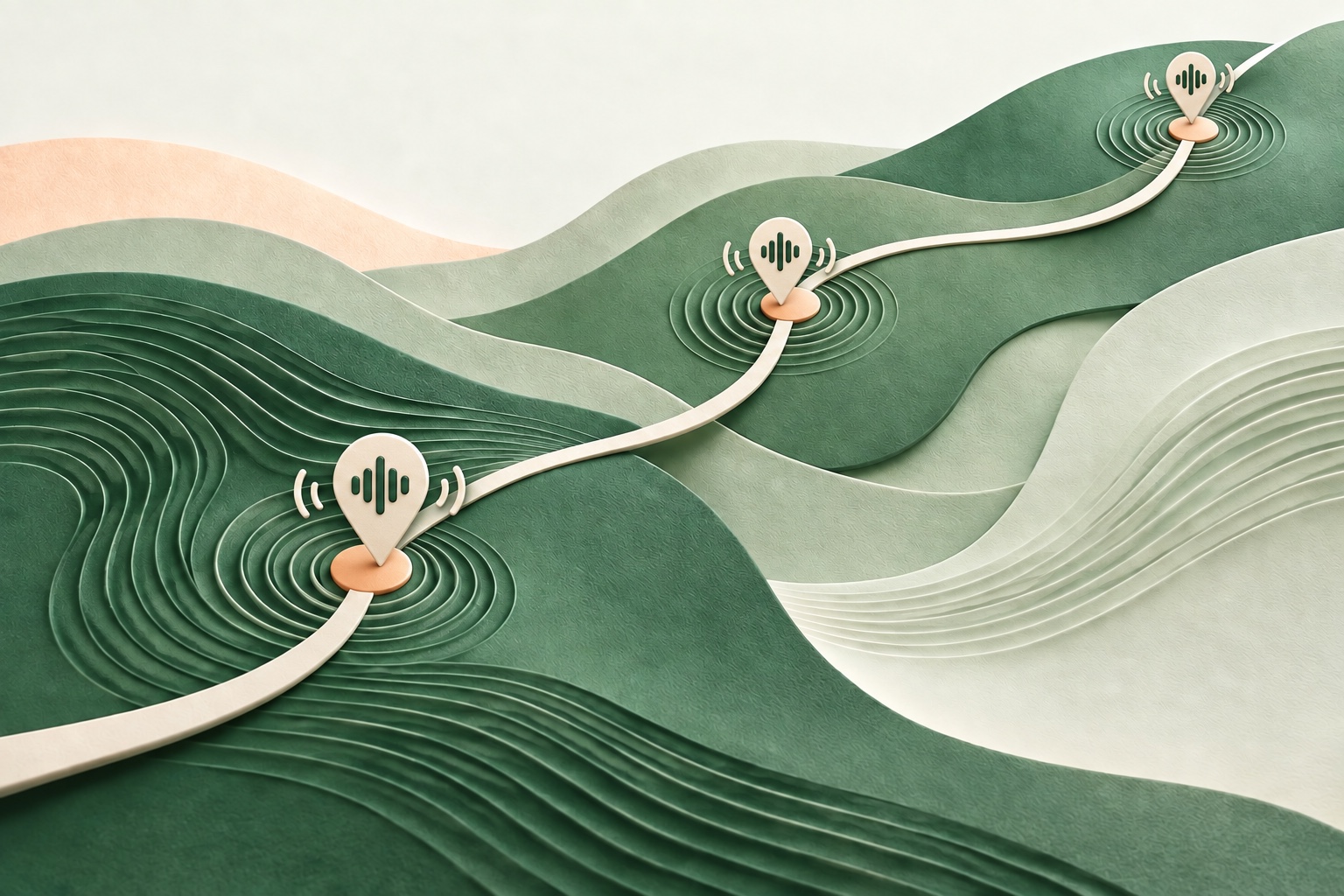 Paesaggio verde e salvia attraversato da un percorso con tre segnaposto audio e onde sonore
