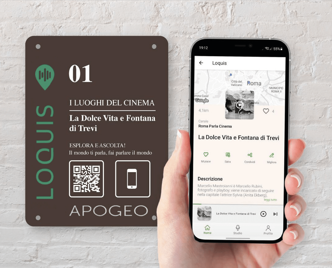 Segnaletica turistica interattiva Apogeo collegata ai racconti audio Loquis