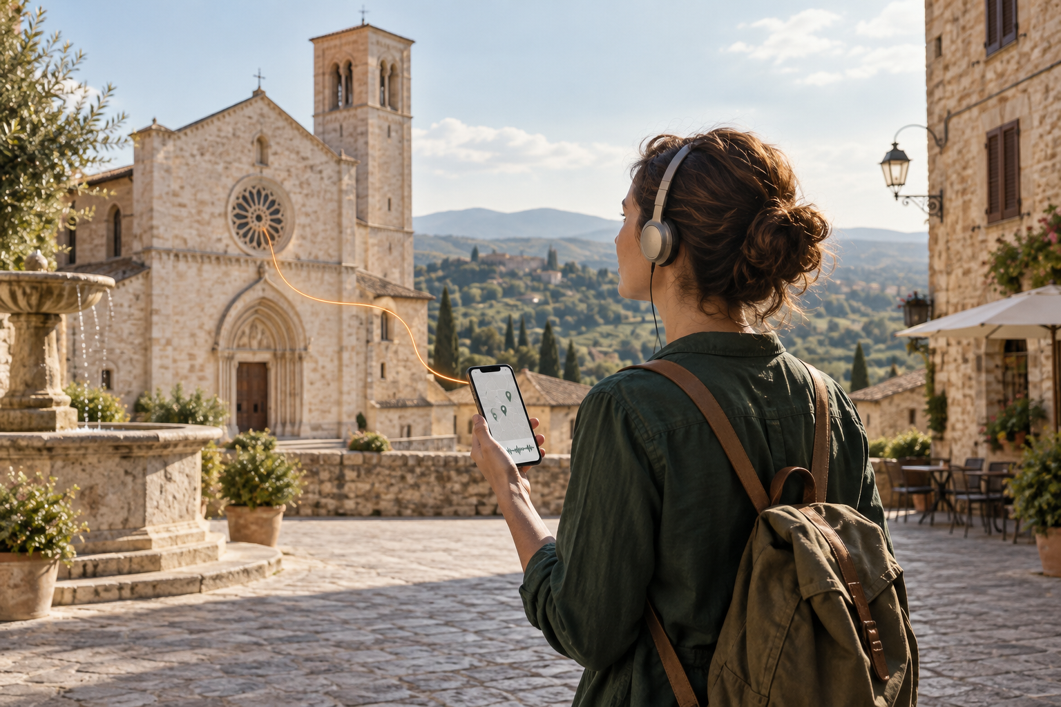 Illustrazione concettuale: una visitatrice ascolta in cuffia il racconto di un borgo, collegato alla mappa sullo smartphone