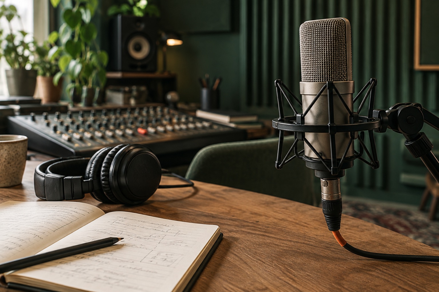Microfono, cuffie e appunti su un tavolo di produzione audio