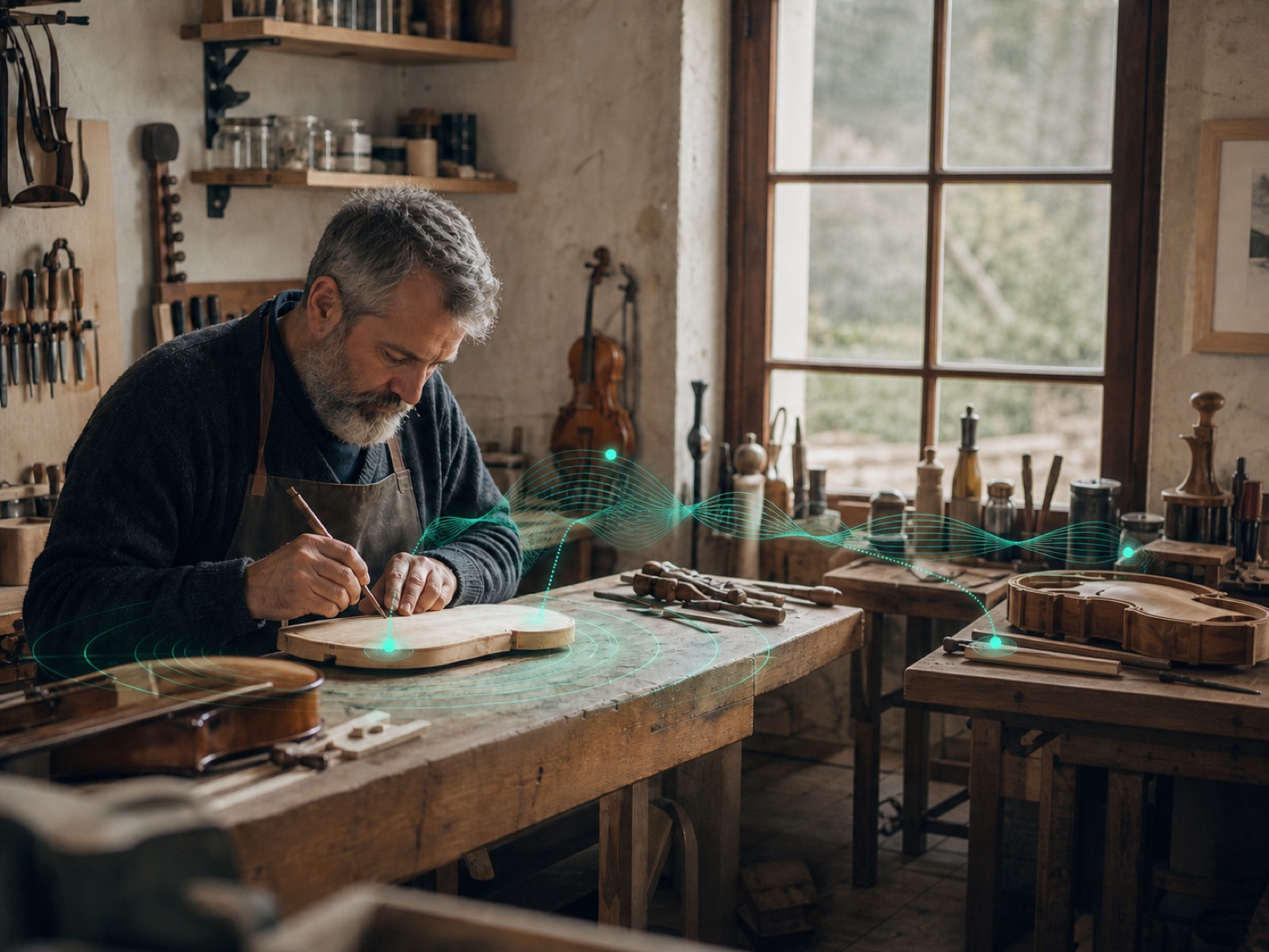Rappresentazione editoriale di un artigiano il cui lavoro genera storie audio collegate al territorio