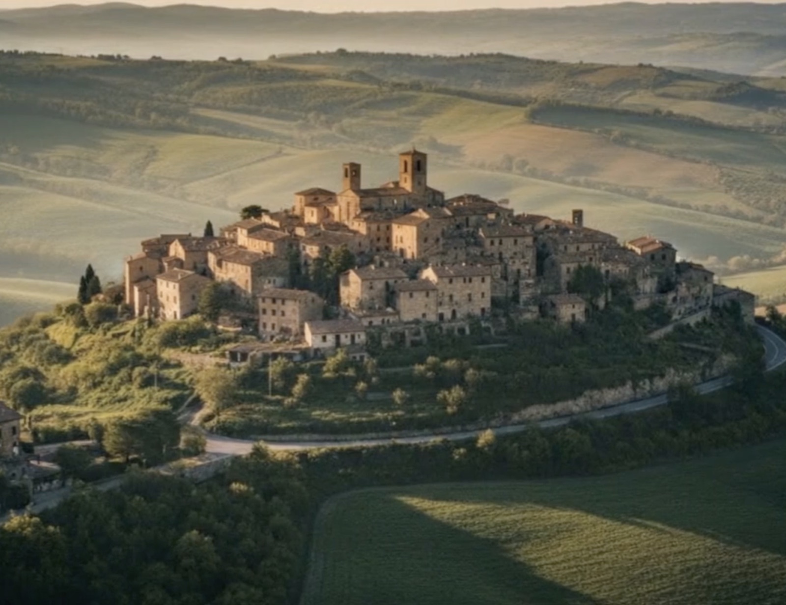 Paesaggio collinare italiano con borgo storico