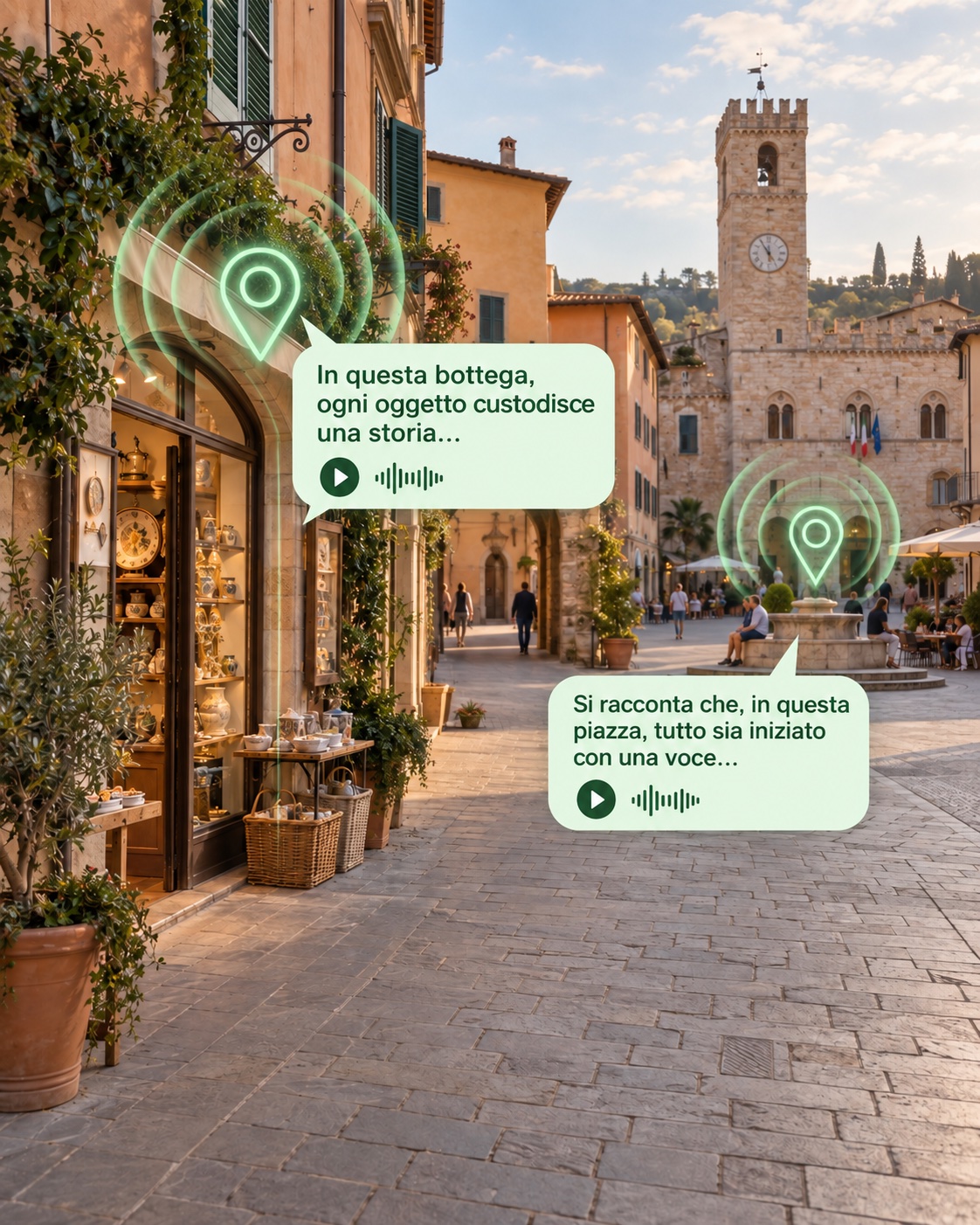 Illustrazione generata con AI: una cittadina italiana con pin verdi e messaggi audio che raccontano la bottega e la piazza.
