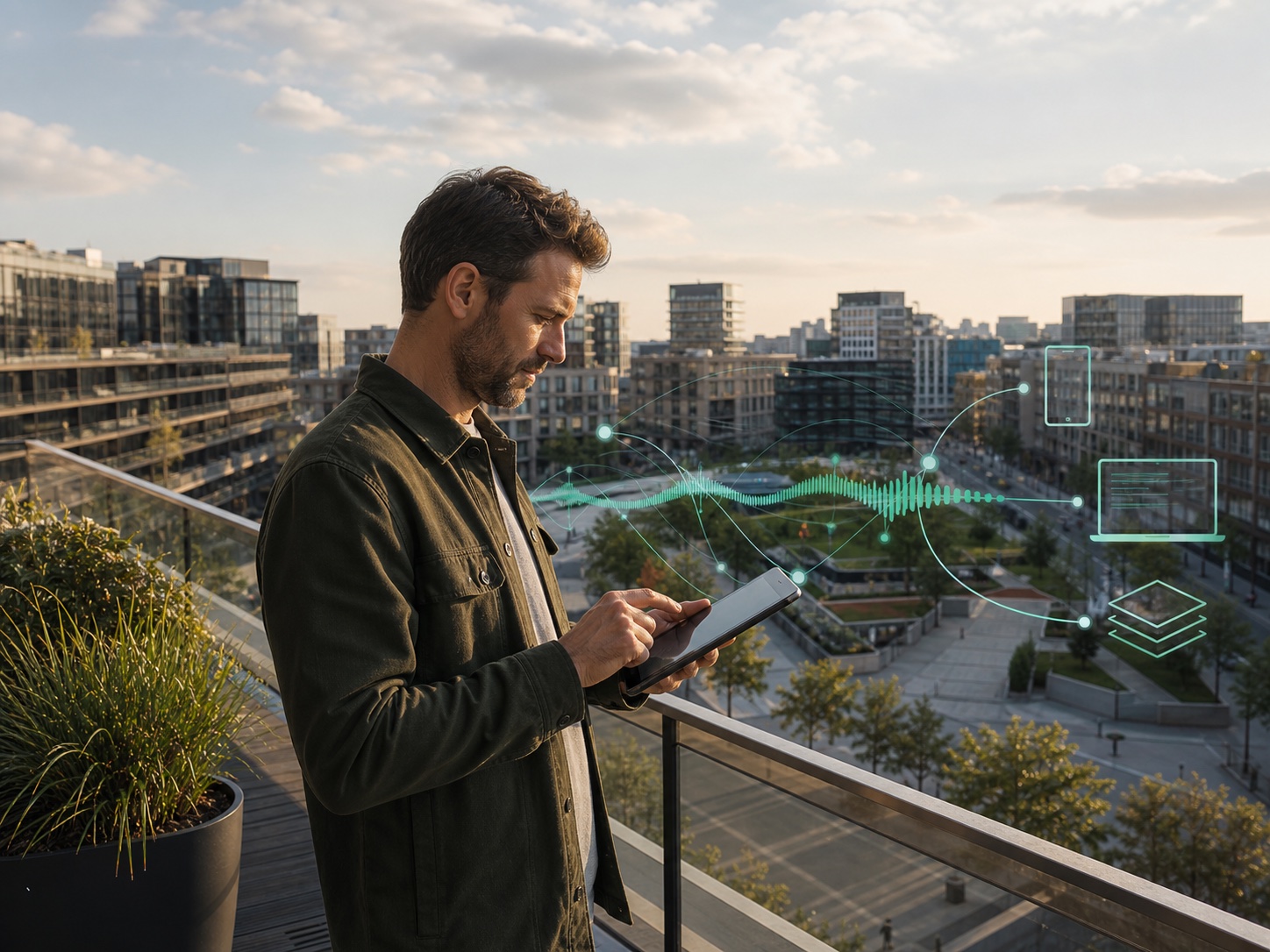 Professionista che distribuisce un catalogo di contenuti audio tra quartieri e servizi digitali di una città contemporanea