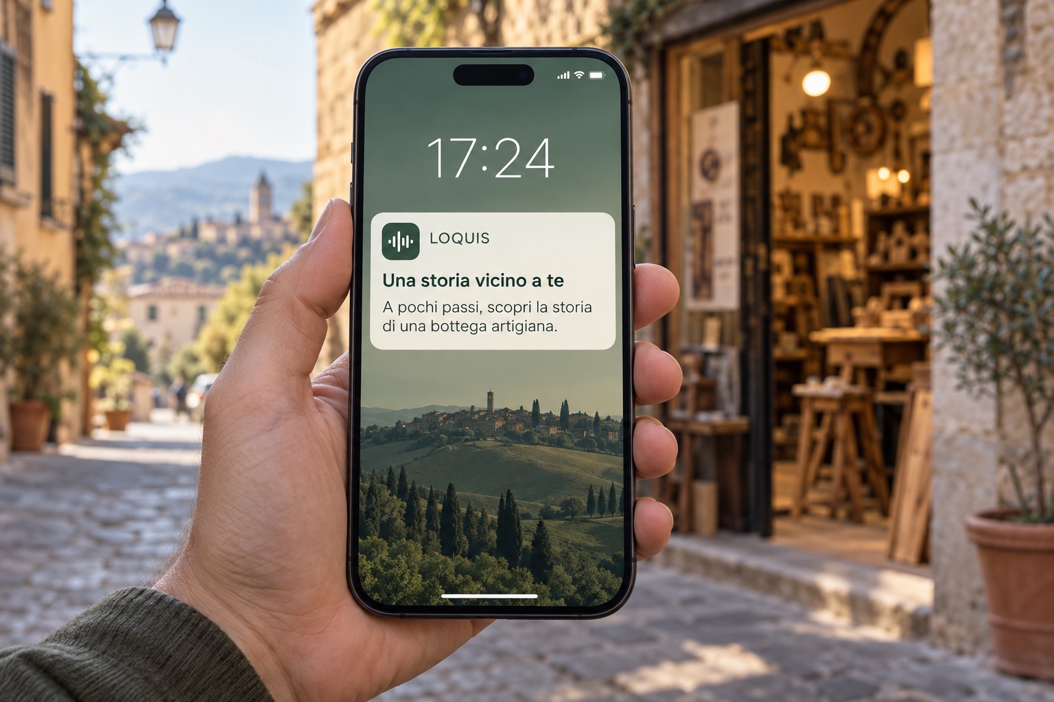 Illustrazione generata con AI: smartphone con una notifica Loquis davanti a una bottega italiana