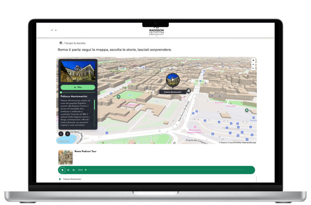 Audioguida Palazzo Montemartini con mappa di Roma e contenuti audio