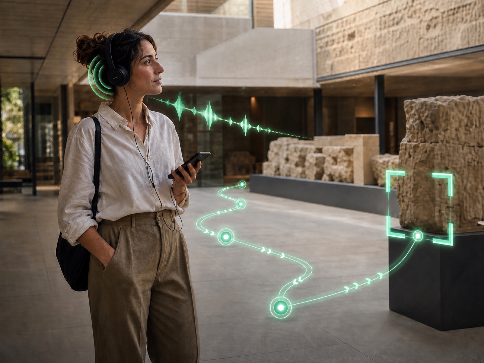 Rappresentazione editoriale di una visitatrice che ascolta un percorso audio durante una visita culturale